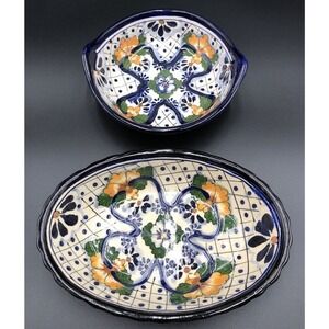 Set Of 2 Mexico Floral Pottery Small Bowls Lead Free, 7” Dia., 9 1/4” X 6 1/4”